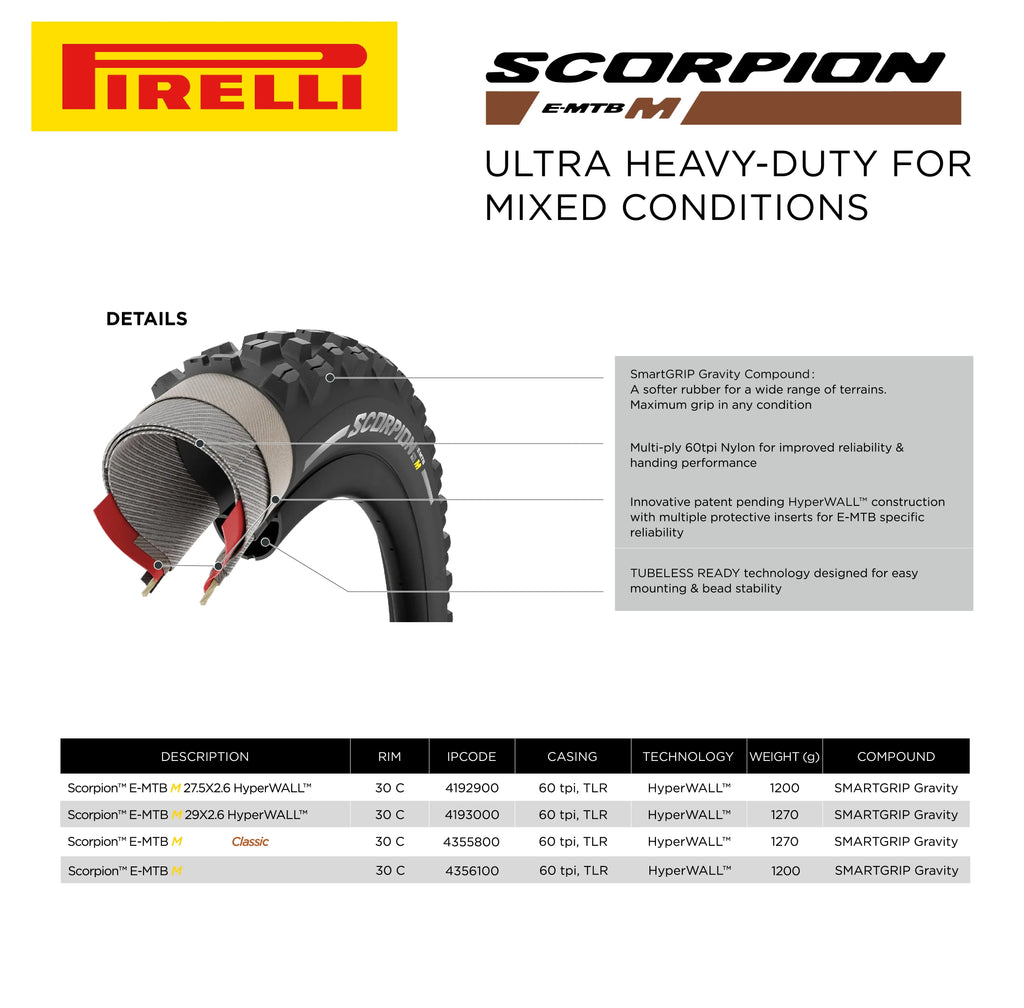Pirelli Scorpion E-MTB M 29 x 2.6 Mountain Bicycle Tire, Versatile E-Mountain Bike Tire for Trail and Enduro Use, Mixed Terrain, E-Bike MTB, Tubeless Ready Clincher TLR + SmarTUBE 23/32-622