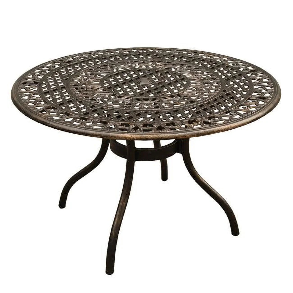 Ornate Traditional Outdoor Mesh Lattice Aluminium Round Dining Table, Bronze. 48 in