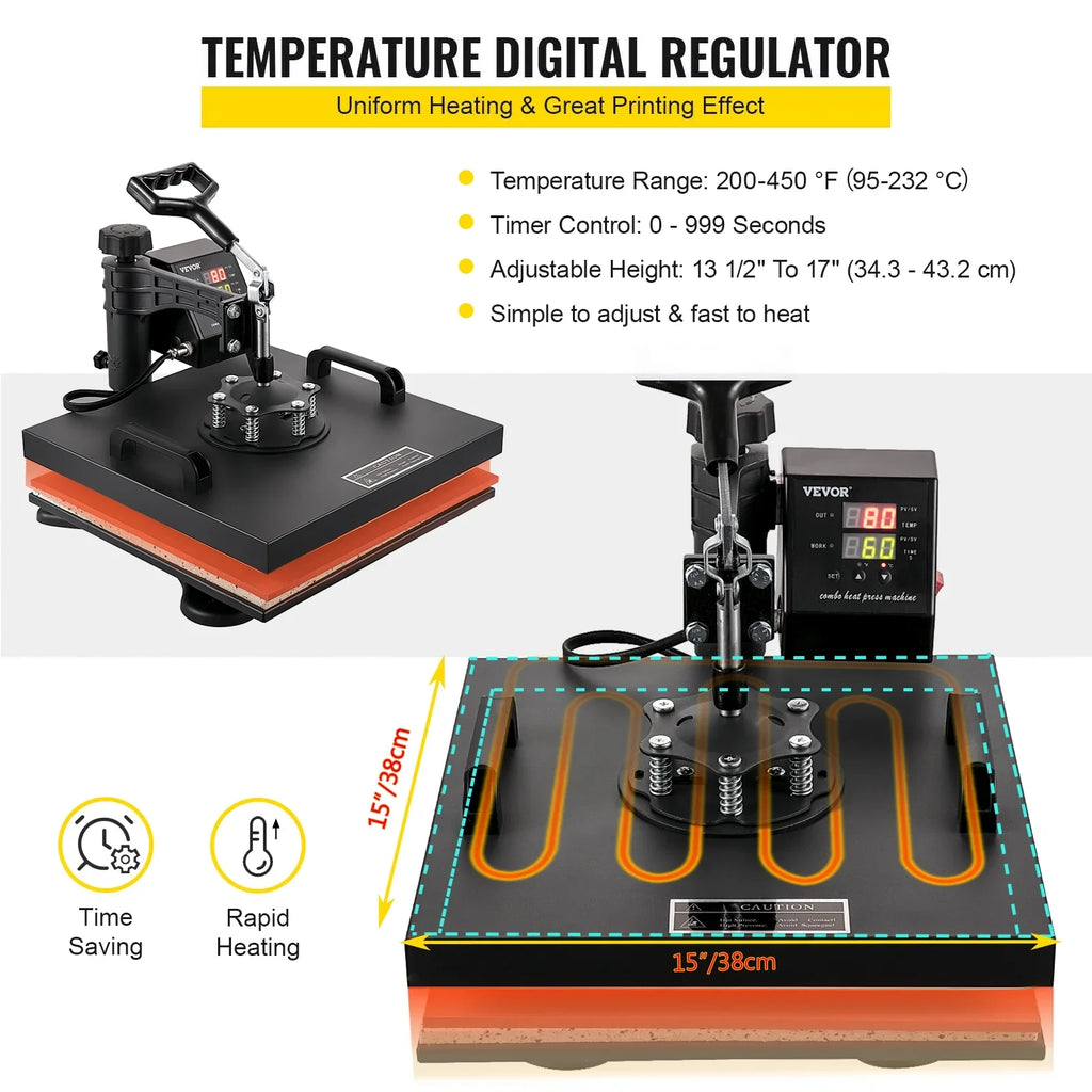 VEVOR Heat Press Machine 15"x15" 8 in 1 Combo Digital Multifunctional Sublimation Heat Transfer Machine Dual LED Display 360 Degree Rotation Swing Away