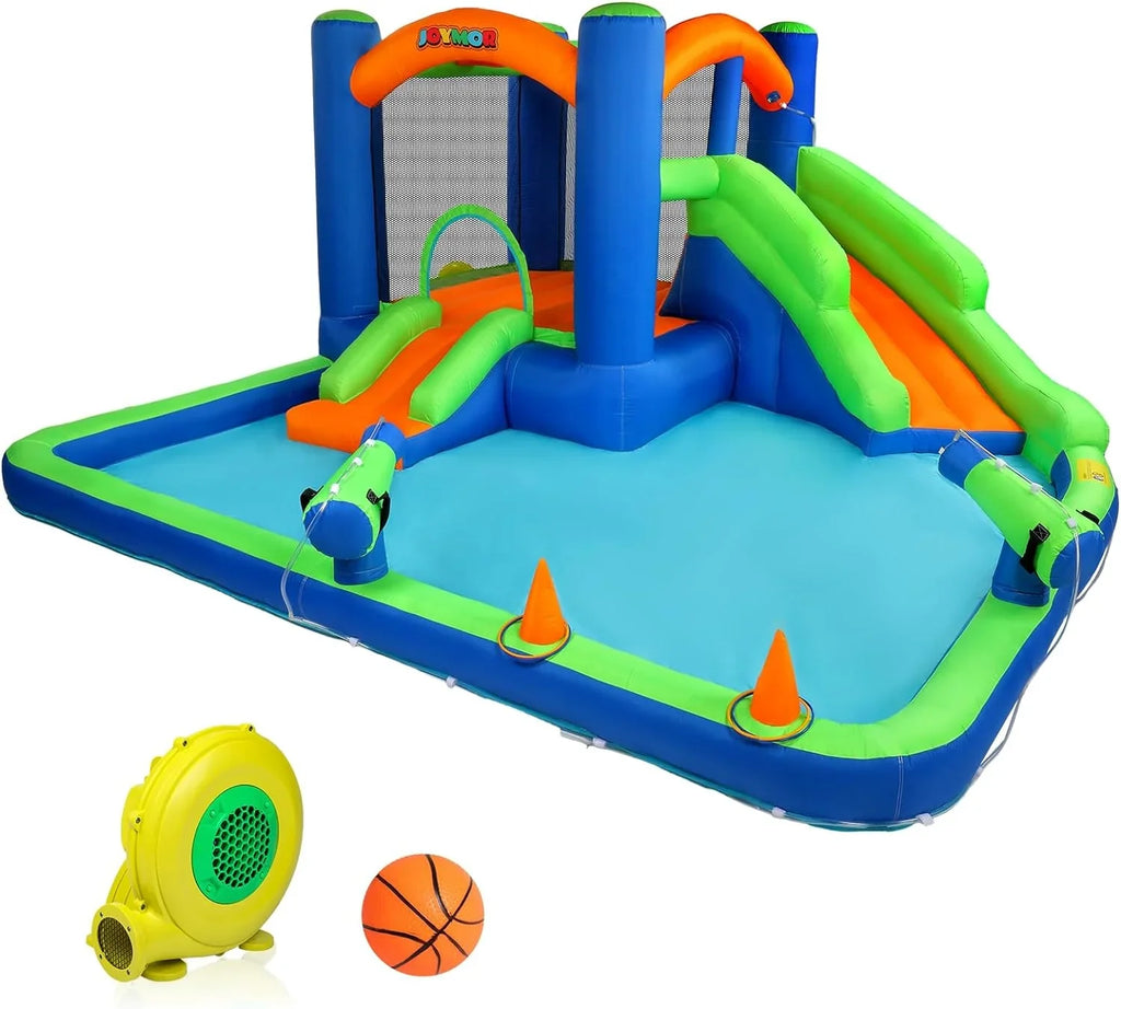 (2024 New) JOYMOR Inflatable moisture Slide Bounce House for Kid 3-6, Inflatable liquid Slide w/Basketball Hoop, aqua Cannon, Ring-Toss Game, Inflatable moisture Bounce House w/Slides, Air Blower