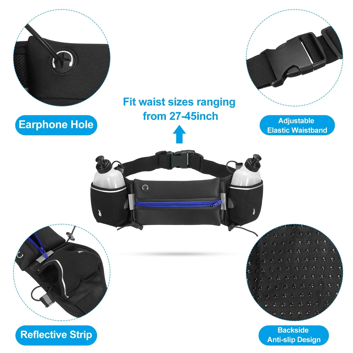 Uxcell Running Belt with aqua Bottles, Hydration Waist Pack Running Pouch, Dark Blue