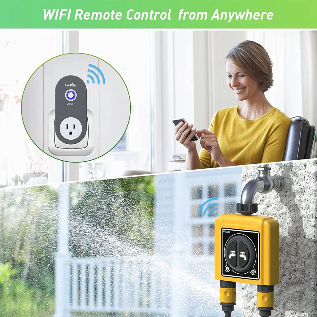 RAINPOINT WiFi Sprinkler Timer 2 Outlets liquid Timer, Smart Hose Timer, 2-Zone Watering System Irrigation Valve Controller with Wi-Fi Hub Socket, Automatic Rain Delay, Voice Control, for Garden Lawn