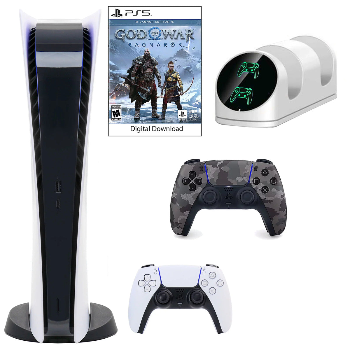 PlayStation 5 Digital GOW Console with Extra Gray Camo Dualsense Controller and Dual Charging Dock