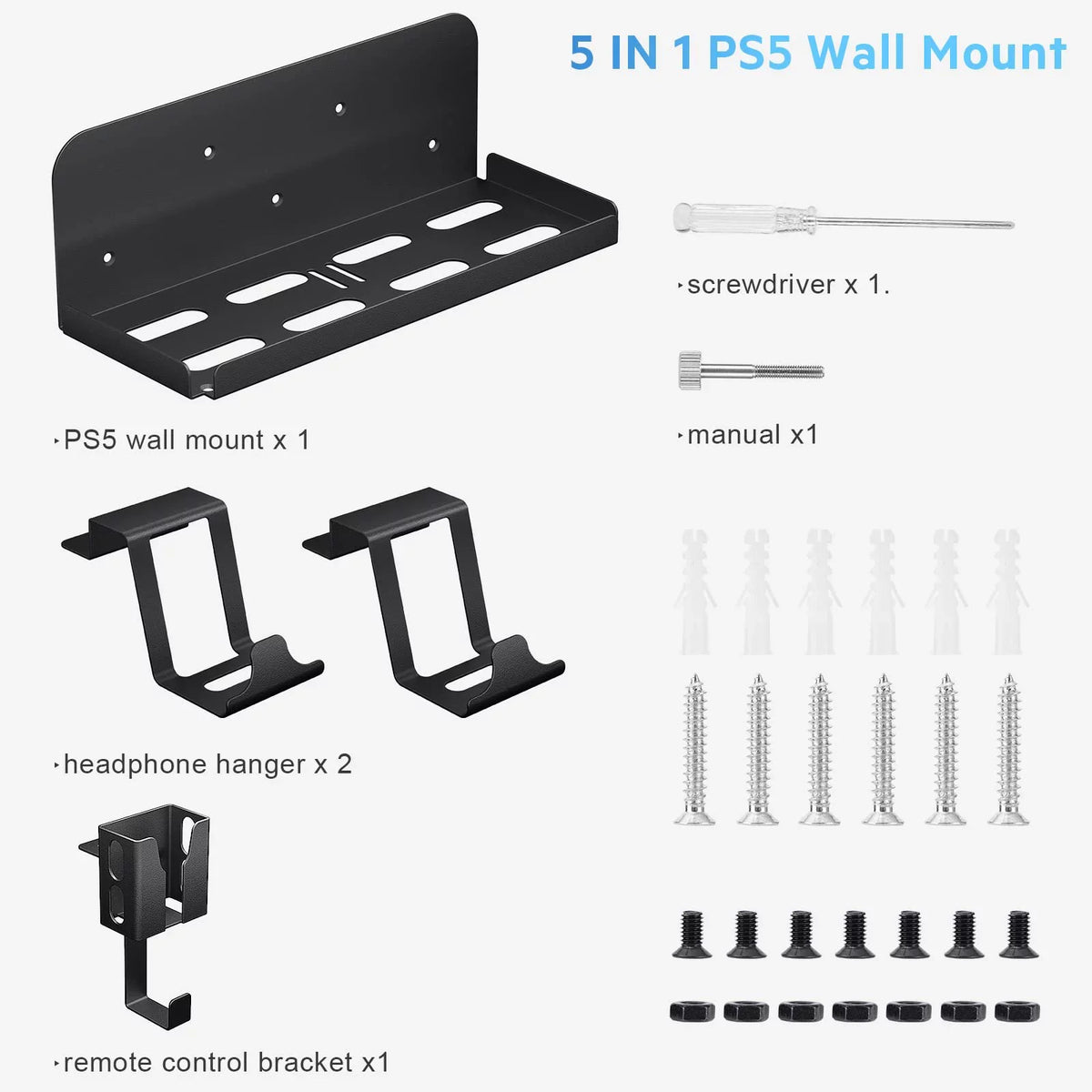 PS5 Wall Mount, 5 in 1 Playstation 5 Wall Mount (Disc and Digital Edition) Wall Bracket for Playstation 5 with Detachable Controller Holder & Headphone Hanger & Remote Control Bracket (Black)