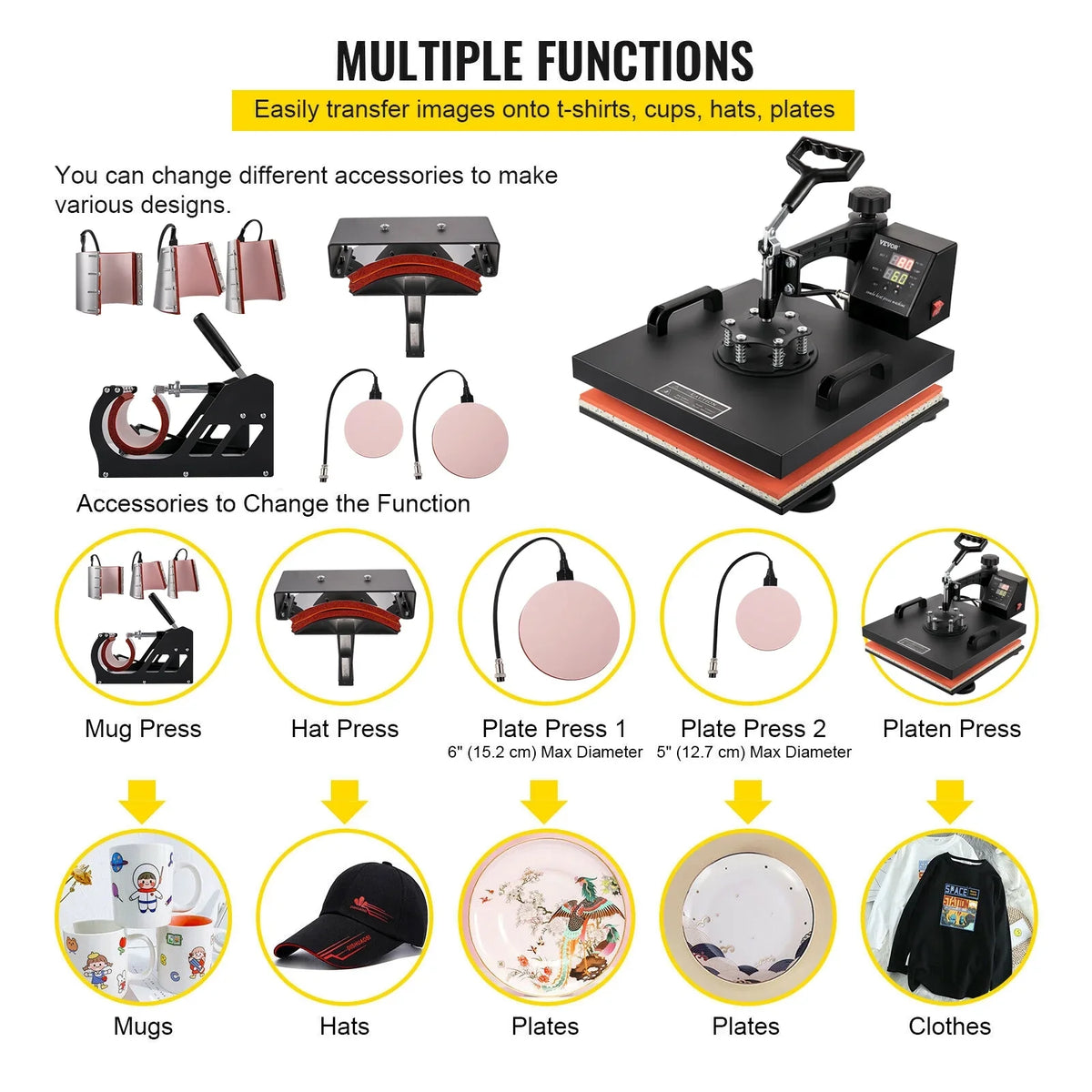 VEVOR Heat Press Machine 15"x15" 8 in 1 Combo Digital Multifunctional Sublimation Heat Transfer Machine Dual LED Display 360 Degree Rotation Swing Away