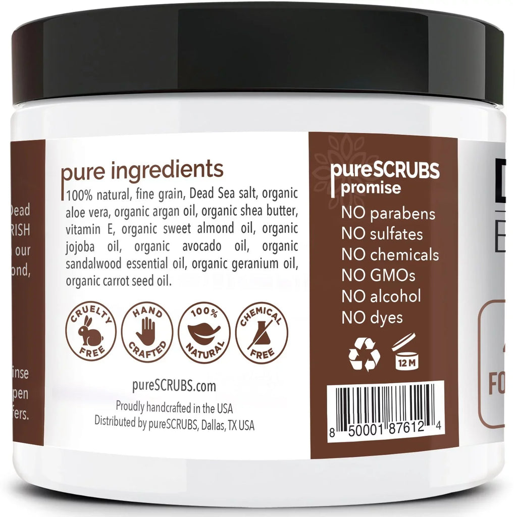 pureSCRUBS Premium Organic Body Scrub Set - Large 16oz SANDALWOOD BODY SCRUB - Pure Dead Sea Salt Infused Organic Essential Oils & Nutrients + FREE Wooden Spoon, Loofah & Mini Exfoliating Bar Soap