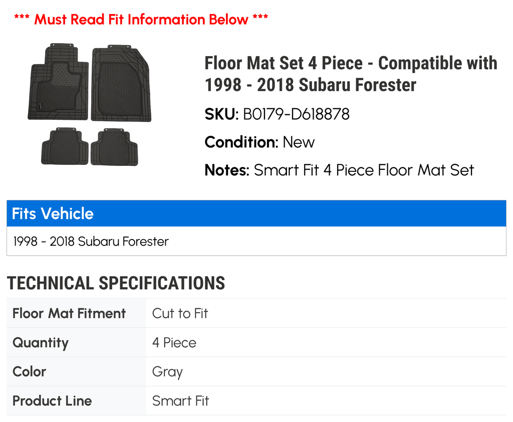 Floor Mat Set 4 Piece - appropriate with 1998 - 2018 Subaru Forester 1999 2000 2001 2002 2003 2004 2005 2006 2007 2008 2009 2010 2011 2012 2013 2014 2015 2016 2017