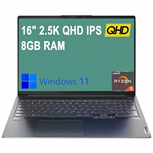Ideapad 5 Pro Laptop, 16 inch 2.5K QHD IPS Display, AMD Core Ryzen 5 5600H, 8GB RAM, 1TB SSD, Wi-Fi, Bluetooth, Windows 11, Bundle with JAWFOAL