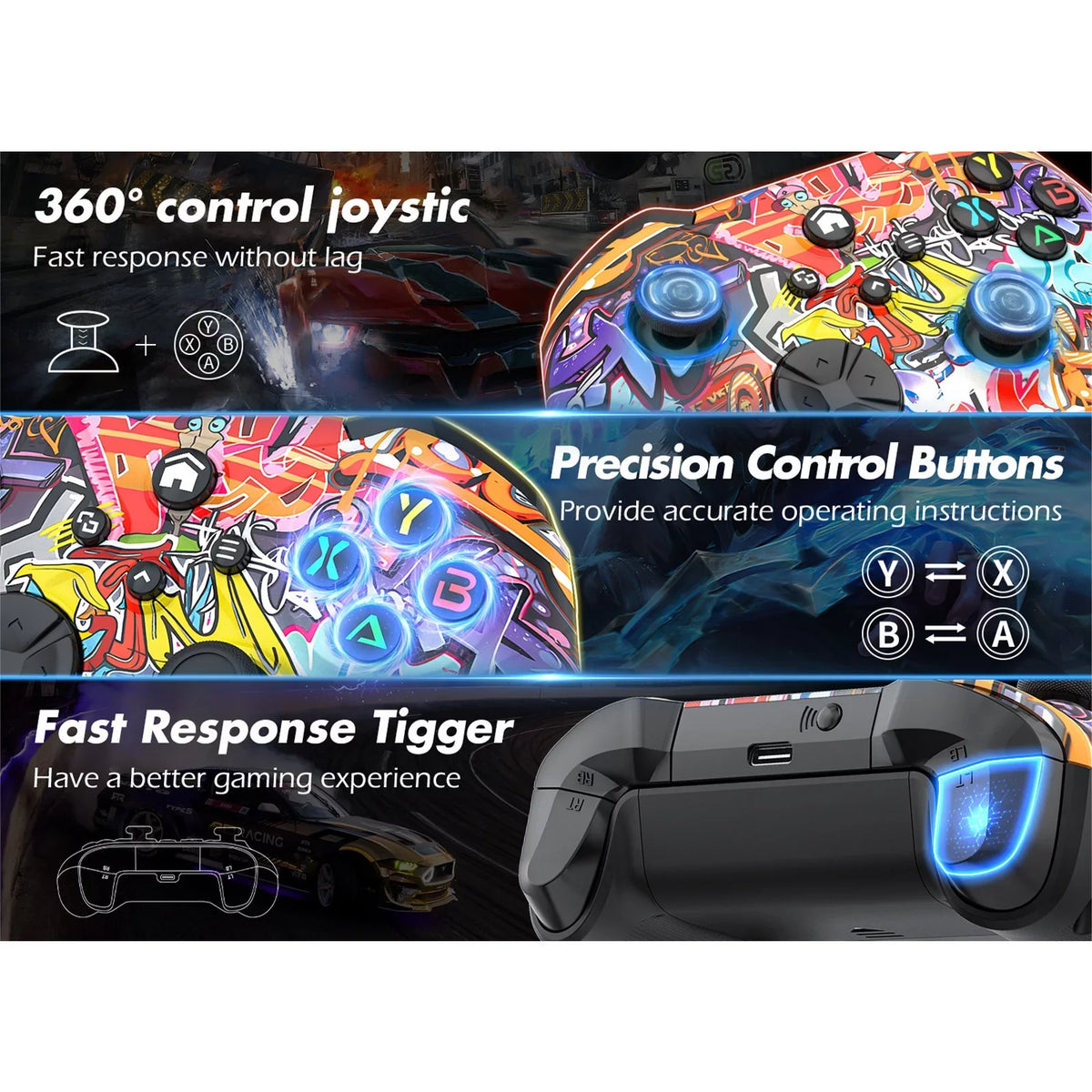 Bonadget 32Ft Wireless Xbox One Controller,Graffiti Custom Xbox Controller Built-in Dual Vibration and 3.5mm Audio Jack with TURBO Function - matching with Xbox One S/X/Xbox Series X/S/Window PC