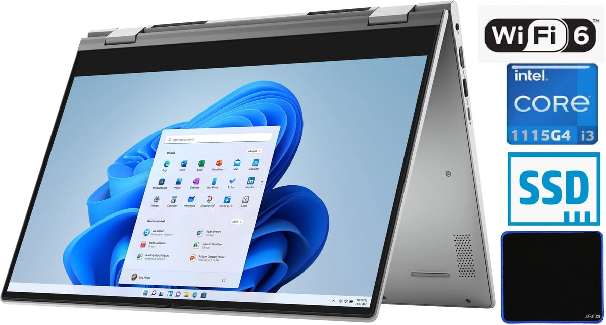 Inspiron 5000 2-in-1 Laptop / 14" HD Touch-Screen / 11th Gen  Core i3-1115G4/ 8GB DDR4/ 256GB SSD/ Webcam/ WiFi 6/ Bluetooth/ Win 10/Platinum Silver/ with UltraTech Mouse Pad Bundled