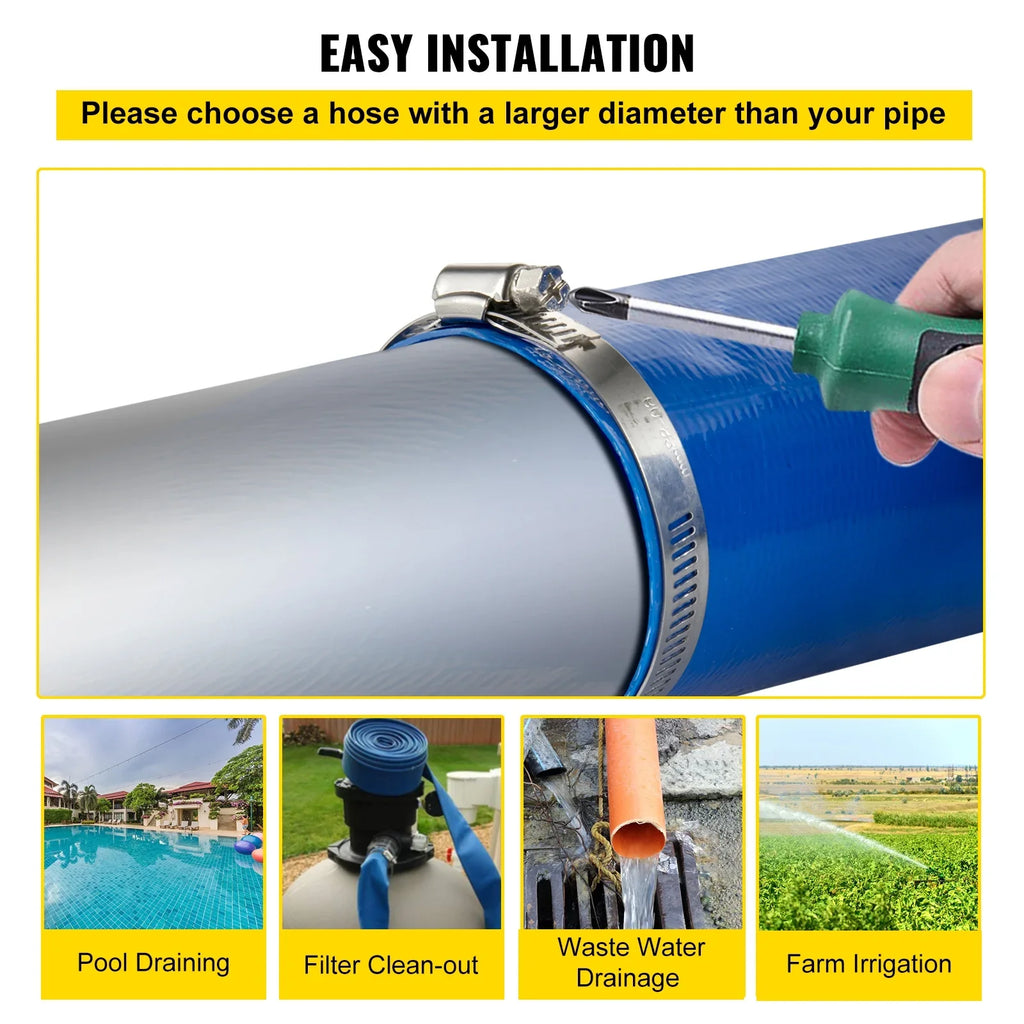VEVOR Discharge Hose, 3" x 105', PVC Fabric Lay Flat Hose, Heavy Duty Backwash Drain Hose with Clamps, climate-proof & Burst-proof, Ideal for Swimming Pool & liquid Transfer, Blue