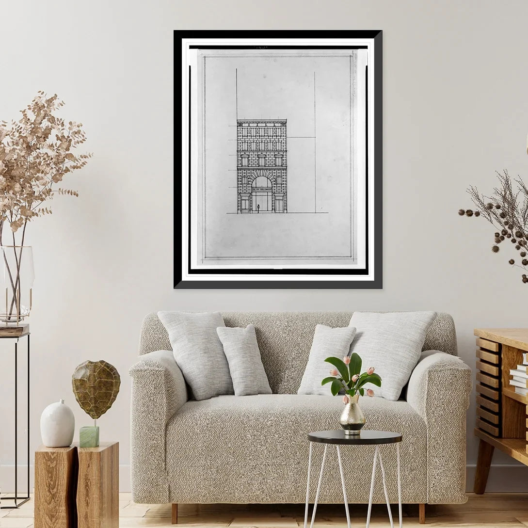Front elevation], 17-7/8" x 21-7/8". Saul (15th Street, N.W., Washington, D.C.). Historic Framed Print, [Two office buildings for B.F