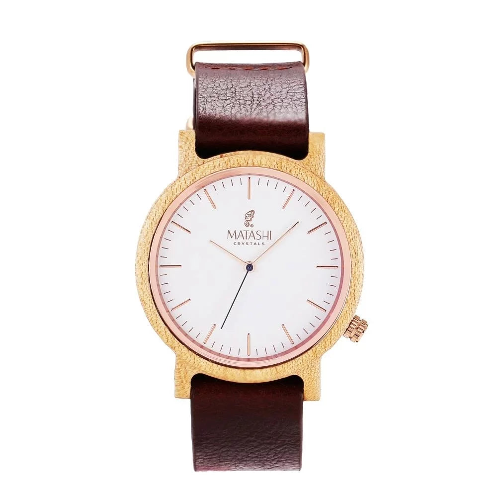 Matashi Mens and Womens Casual Wooden Wrist Watch w Brown Leather Strap, 1ATM moisture protected, Business or Travel, Swiss