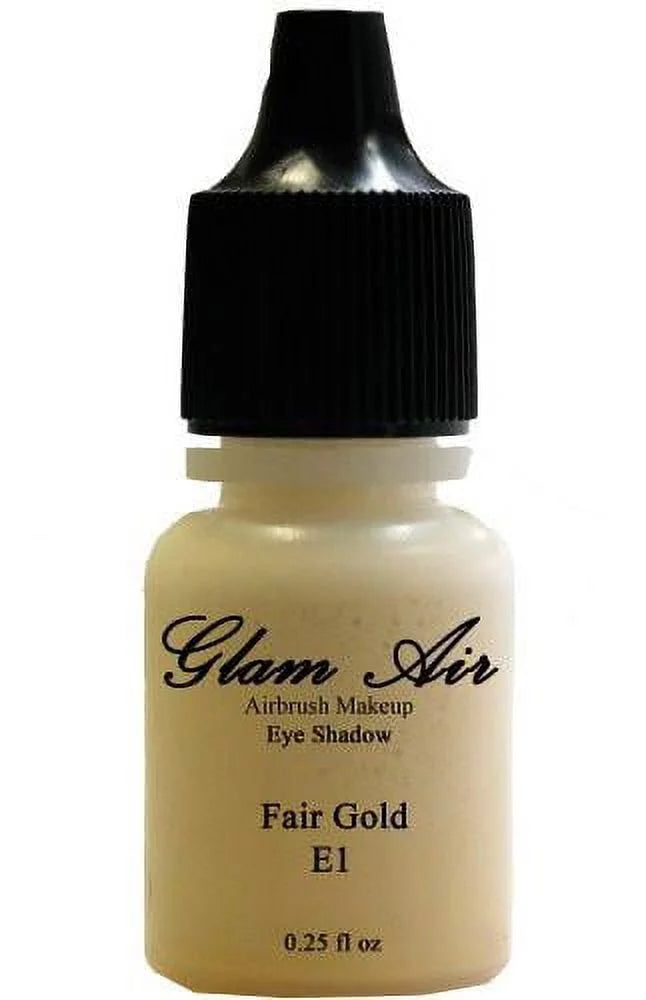 Bottles of Eyeshadow Shimmery Green, Copper Cocoa, Fair Gold. Oz. Glam Air Set of Three (3) s-E1 Fair Gold E4Copper Cocoa, &amp; E9shimmery Green,  Airbrush moisture-based 0.25 Fl