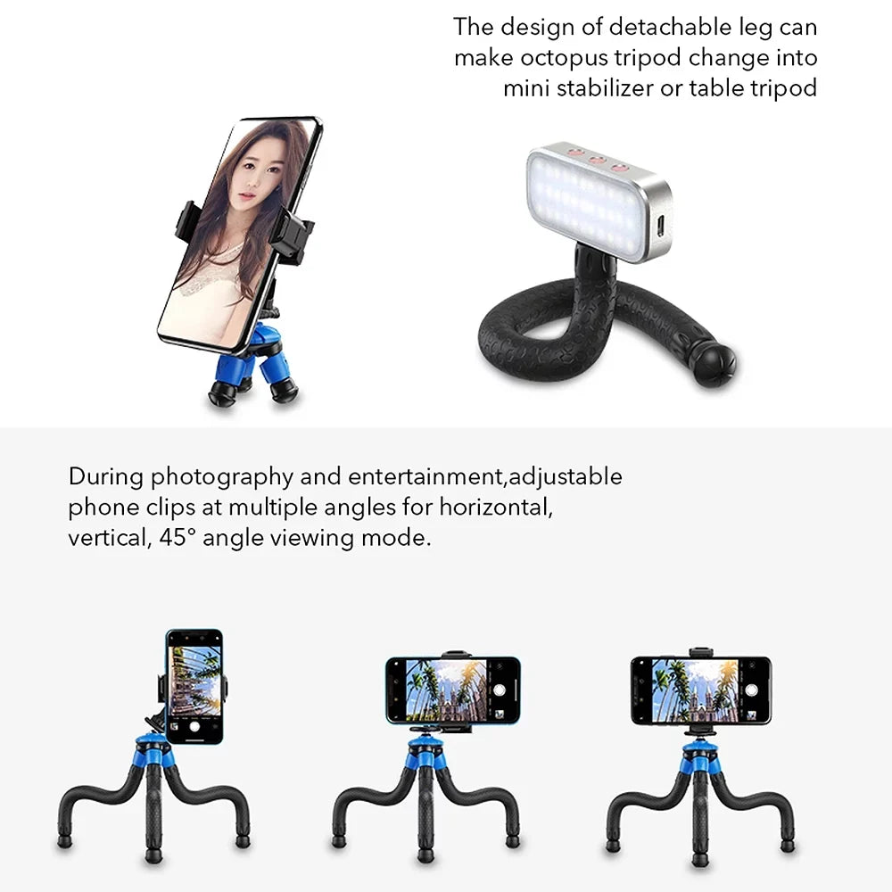 APEXEL APL-JJ07 Detachable Flexible Octopus Tripod Portable Travel Mobile Phone Tripod with Foldable Phone Clip appropriate with DSLR Max Load 3kg