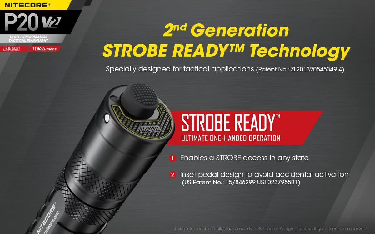 Combo: Nitecore P20 V2 Tactical LED Flashlight - CREE XP-L2 V6 - 1100 Lumens w/NL189 Battery, D2 Charger +2x Free Eco-Sensa CR123A Batteries