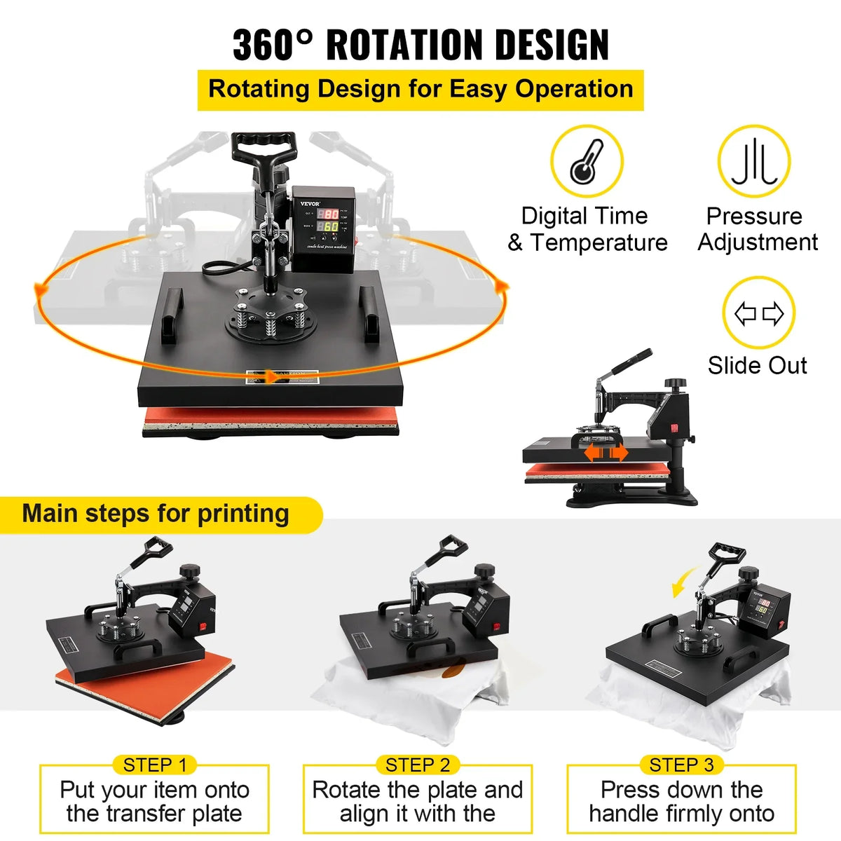 VEVOR Heat Press Machine 15"x15" 8 in 1 Combo Digital Multifunctional Sublimation Heat Transfer Machine Dual LED Display 360 Degree Rotation Swing Away