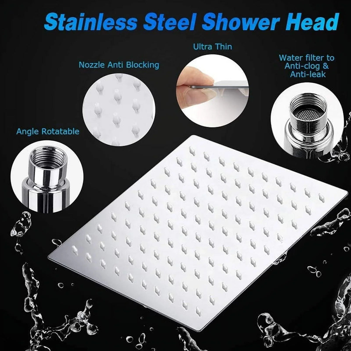 5-Setting High Pressure Shower Head, 10″Square Rain Shower Head with Handheld and Self-adhesive Holder/1.5M Hose -1 Replaceable Filter Cartridge