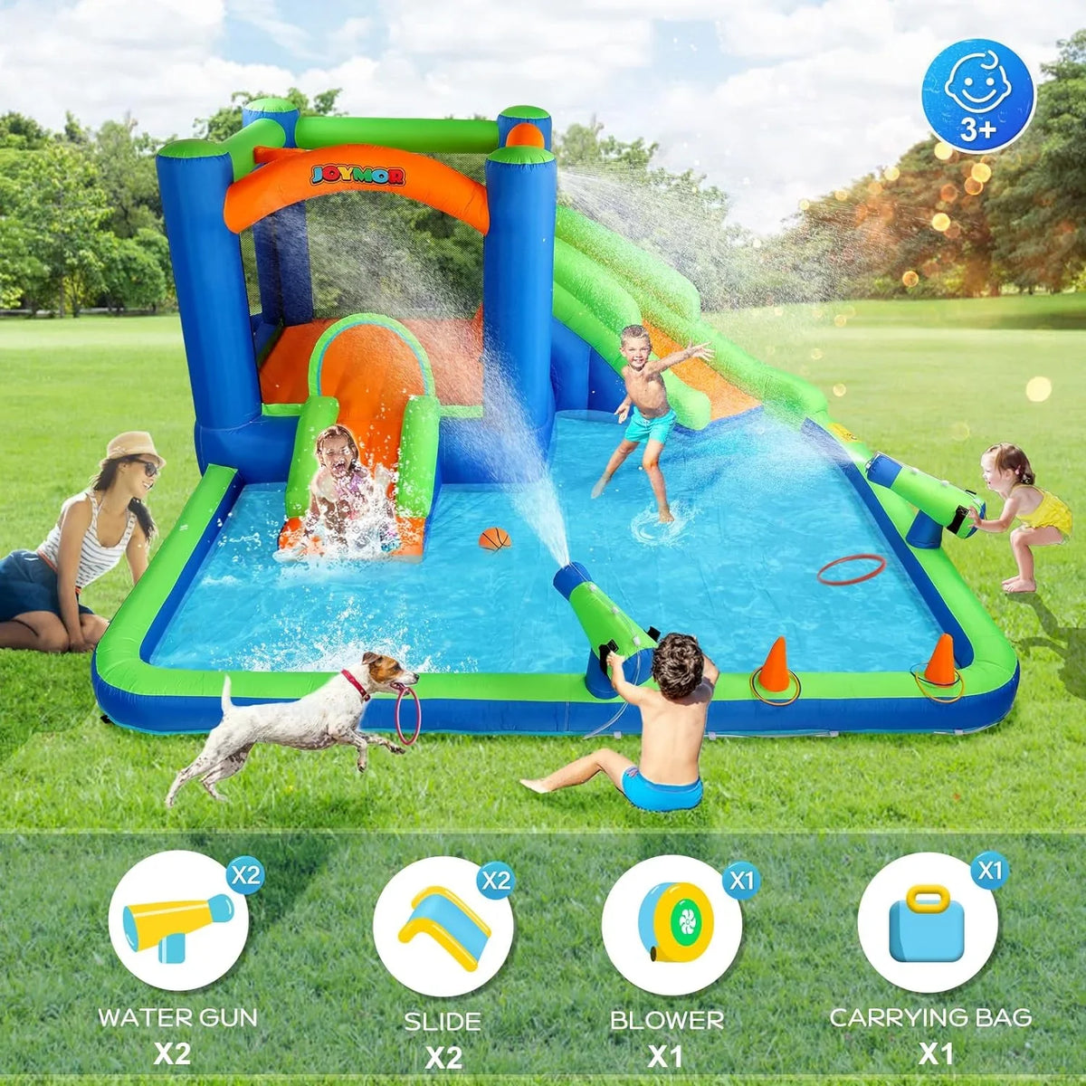 (2024 New) JOYMOR Inflatable moisture Slide Bounce House for Kid 3-6, Inflatable liquid Slide w/Basketball Hoop, aqua Cannon, Ring-Toss Game, Inflatable moisture Bounce House w/Slides, Air Blower
