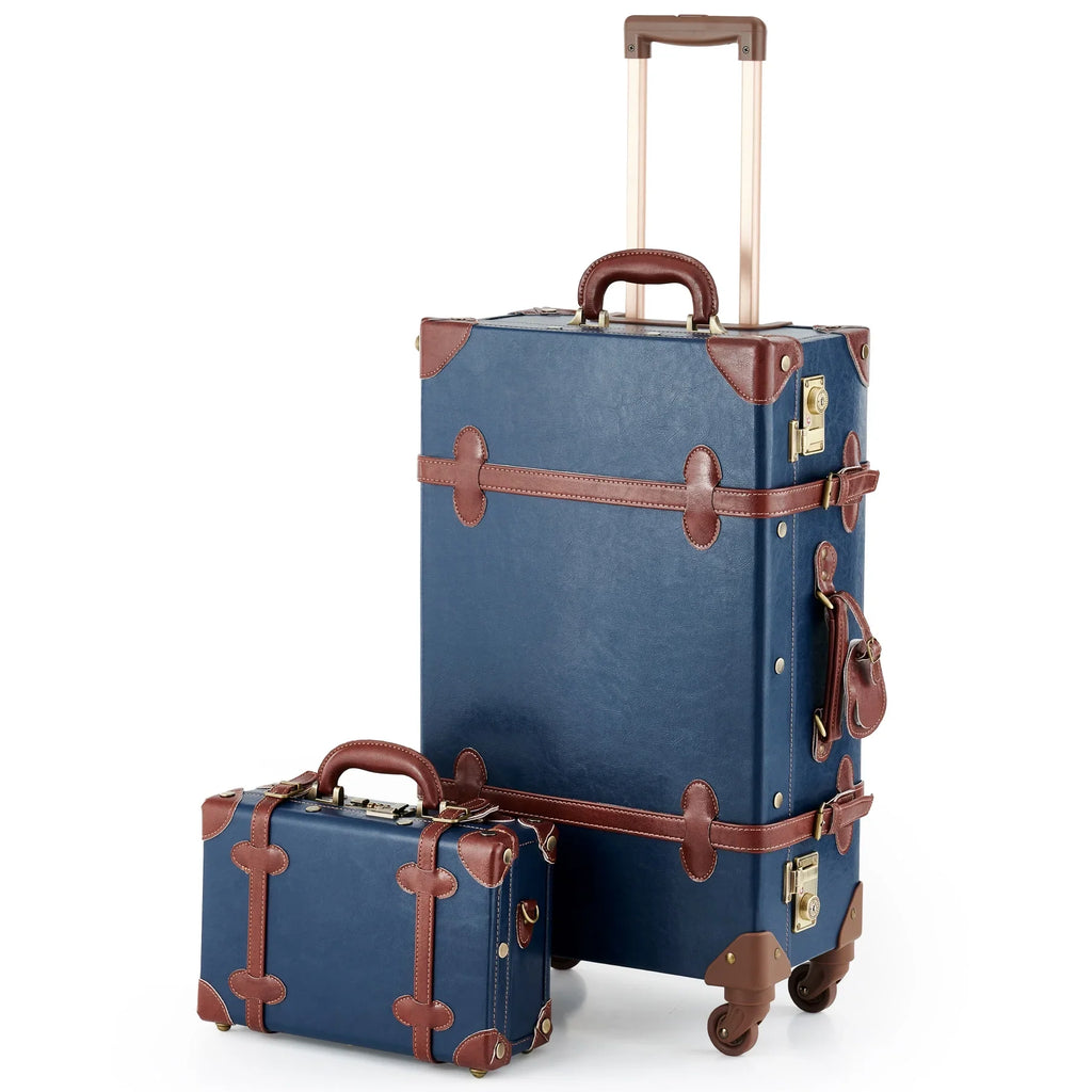 CO-Z Vintage Trunk Combination Luggage Sets of 2 Piece, Travel Carry On Suitcase for Women with Spinner Wheels 24"+12",Blue