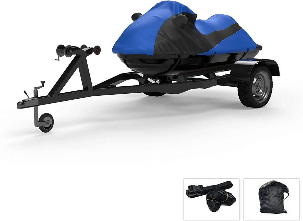Custom Contour Fit Weatherproof Jet Ski protector for Kawasaki 1100 STX DI 1997-1999 - Blue/Black Color - All atmospheric conditions - Trailerable - Protect from Rain & Sun! Includes Trailer Straps & Storage Bag