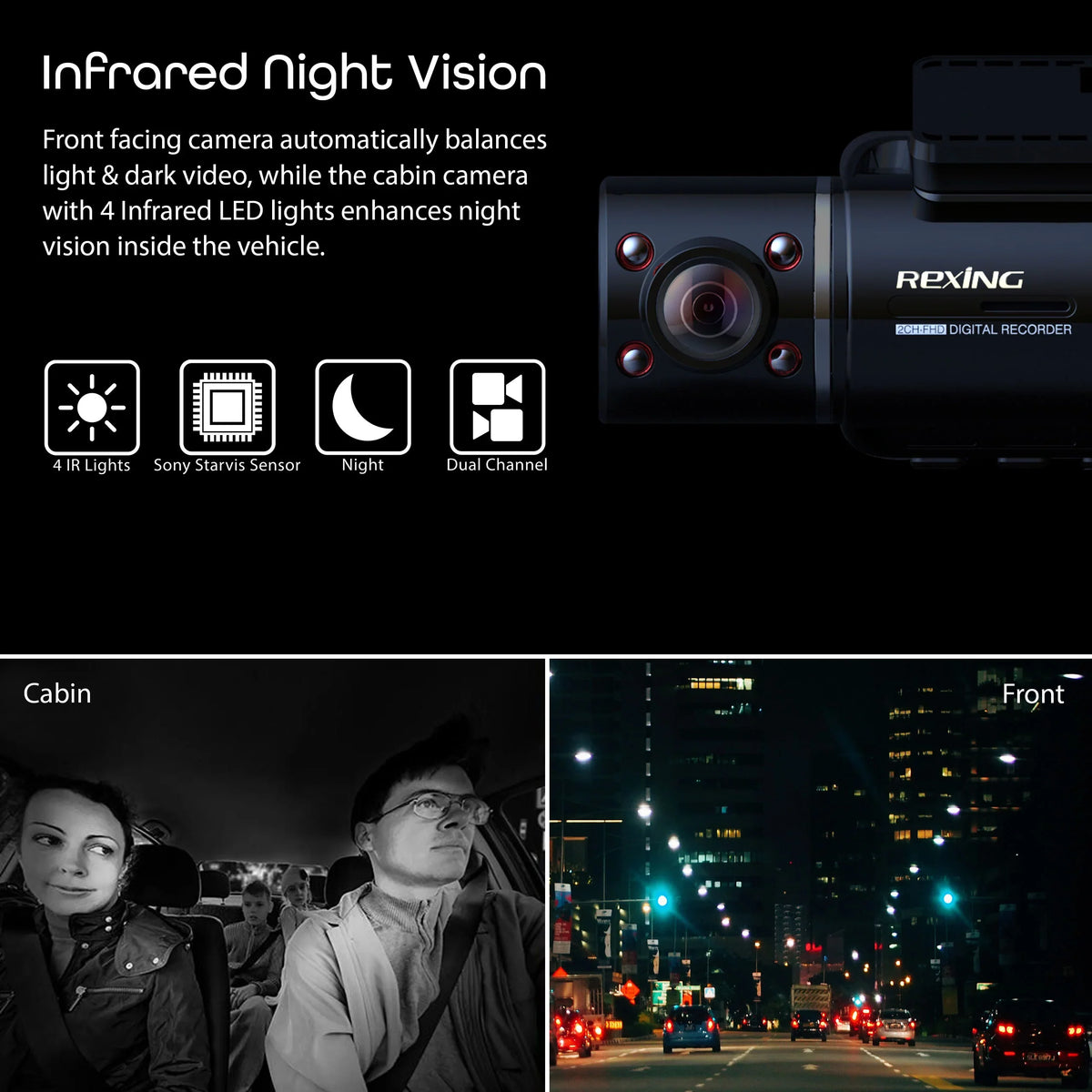 Rexing V3 1080P Front and Inside Cabin Dash Cam with Wi-Fi & GPS