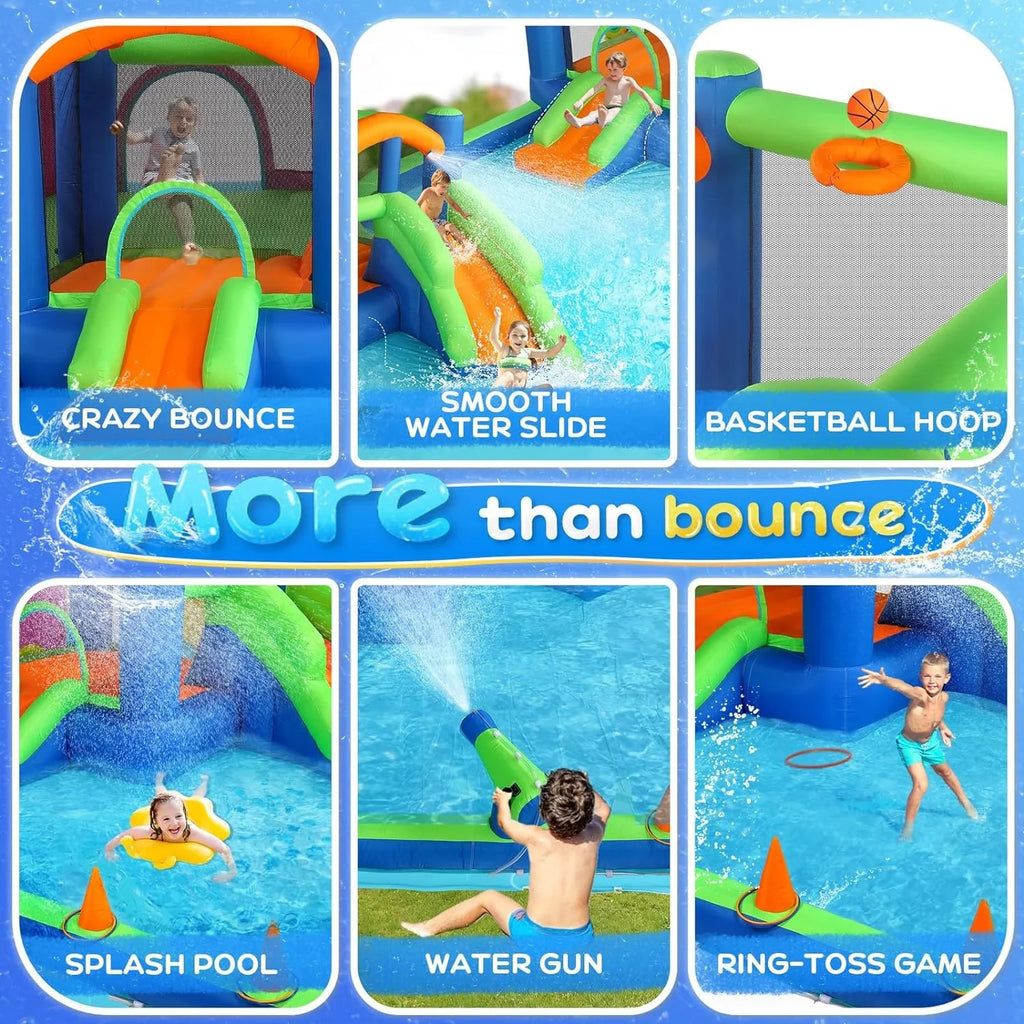 (2024 New) JOYMOR Inflatable moisture Slide Bounce House for Kid 3-6, Inflatable liquid Slide w/Basketball Hoop, aqua Cannon, Ring-Toss Game, Inflatable moisture Bounce House w/Slides, Air Blower