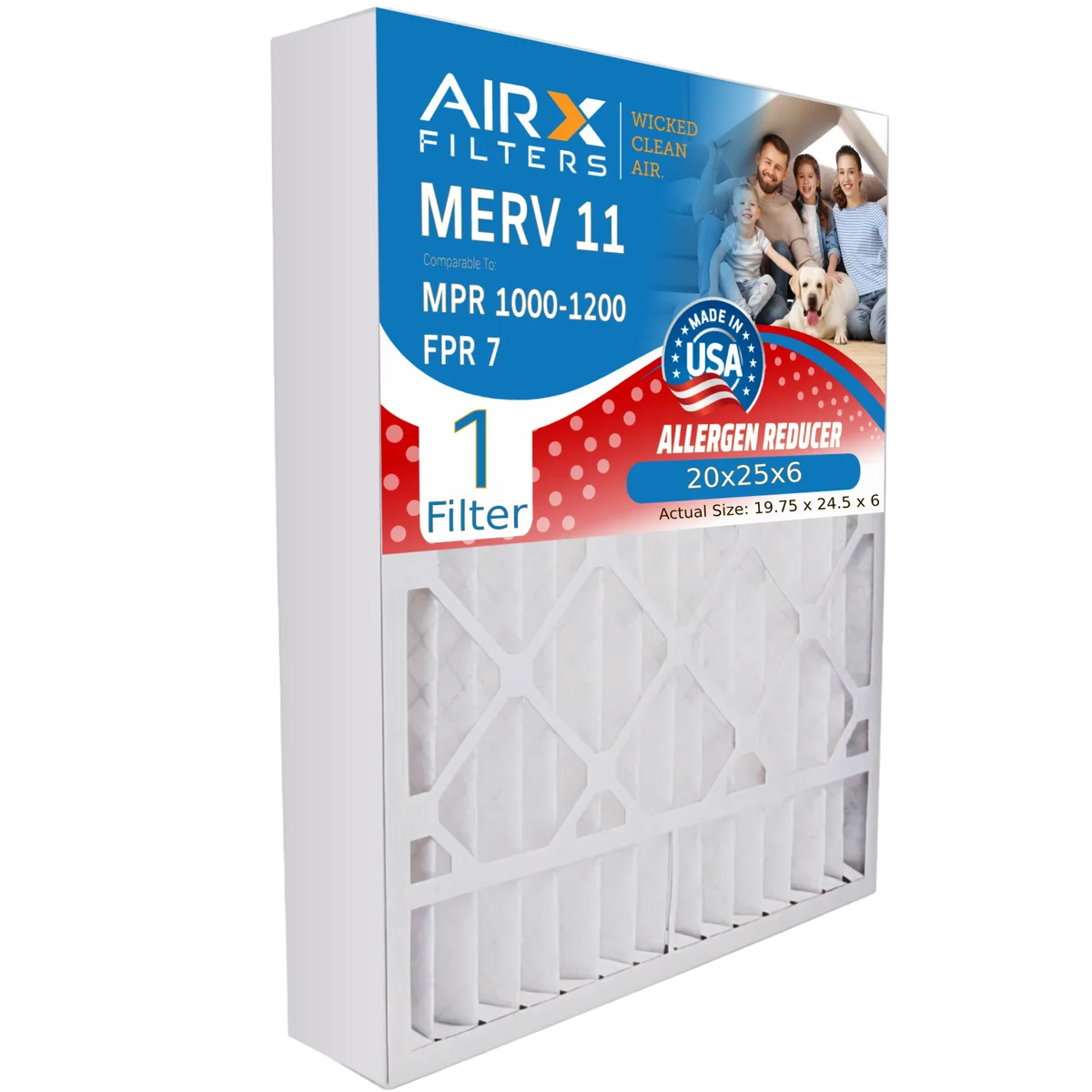 20x25x6 Air Filter MERV 11 Comparable to MPR 1000, MPR 1200 & FPR 7 suitable with Aprilaire 201 Premium USA Made 20x25x6 Furnace Filter 1 Single Filter by AIRX FILTERS WICKED CLEAN AIR.