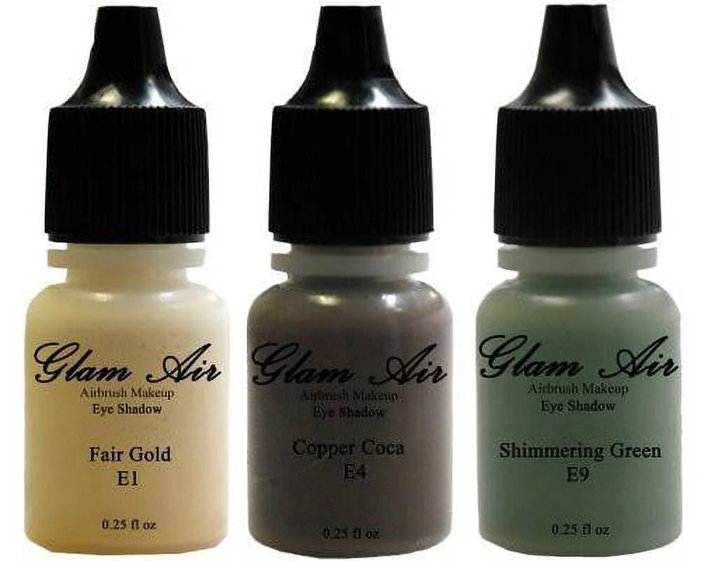 Bottles of Eyeshadow Shimmery Green, Copper Cocoa, Fair Gold. Oz. Glam Air Set of Three (3) s-E1 Fair Gold E4Copper Cocoa, &amp; E9shimmery Green,  Airbrush moisture-based 0.25 Fl