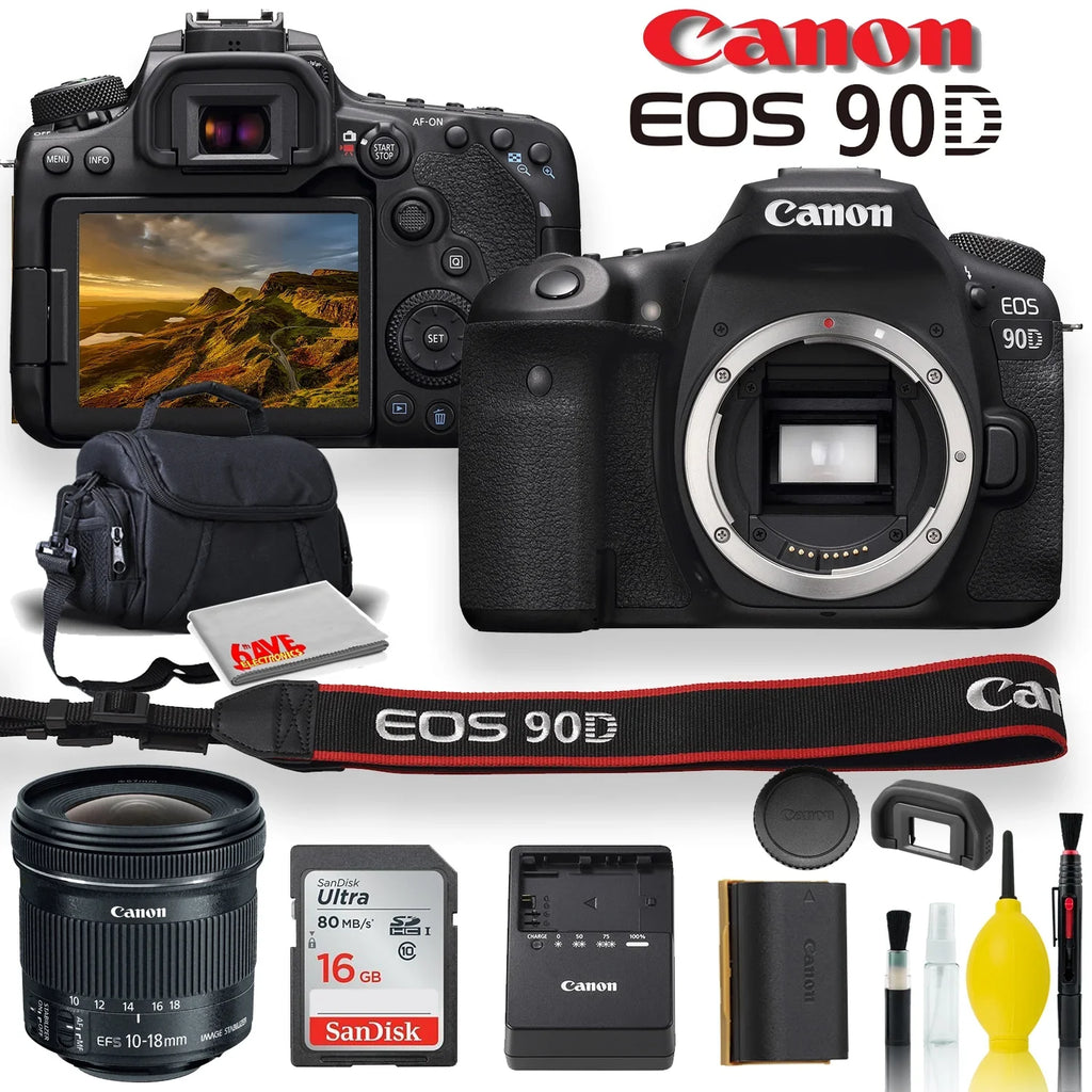 EOS 90D DSLR Camera With  EF-S 10-18mm f/4.5-5.6 IS STM Lens, Soft Padded Case, Memory Card, and More