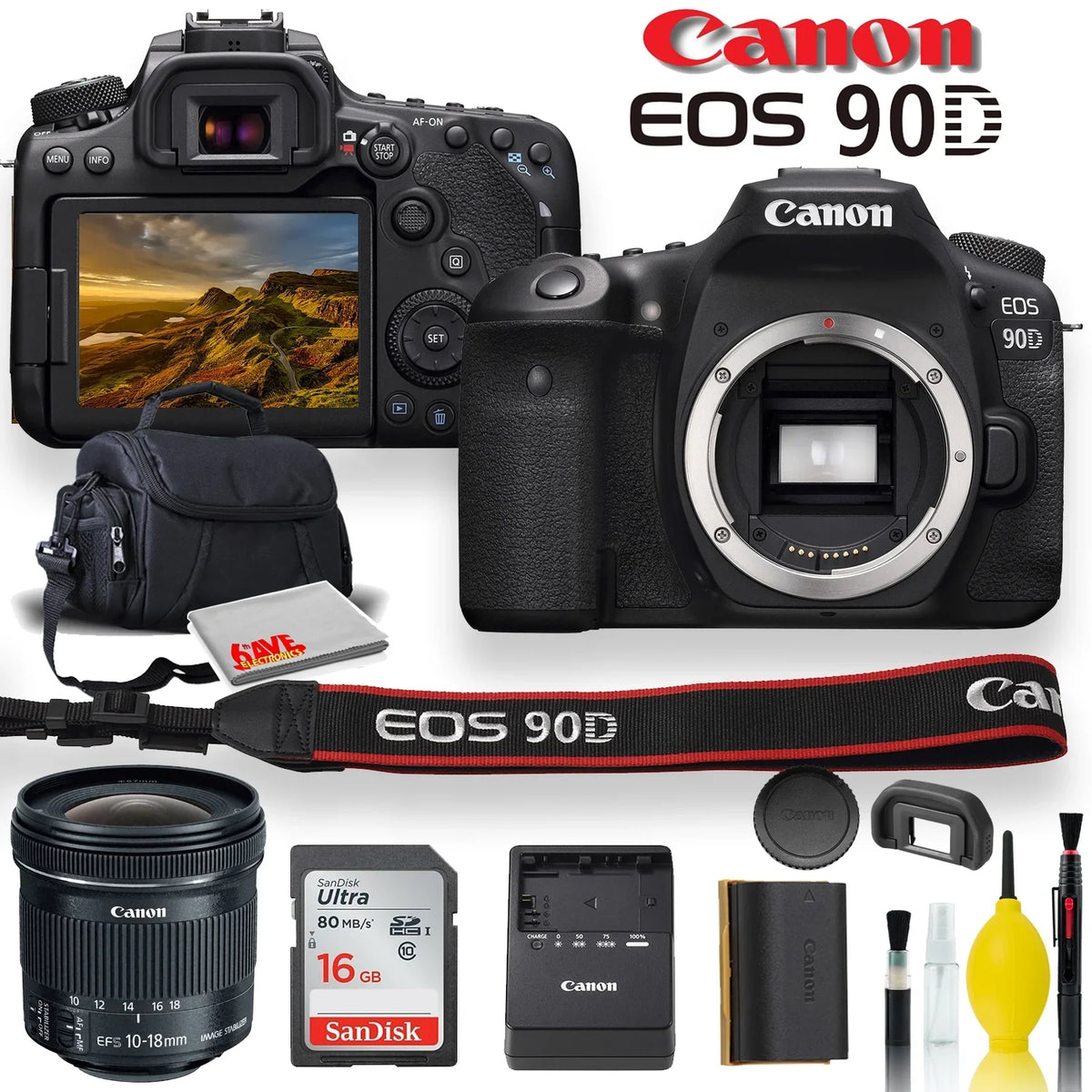 EOS 90D DSLR Camera With  EF-S 10-18mm f/4.5-5.6 IS STM Lens, Soft Padded Case, Memory Card, and More