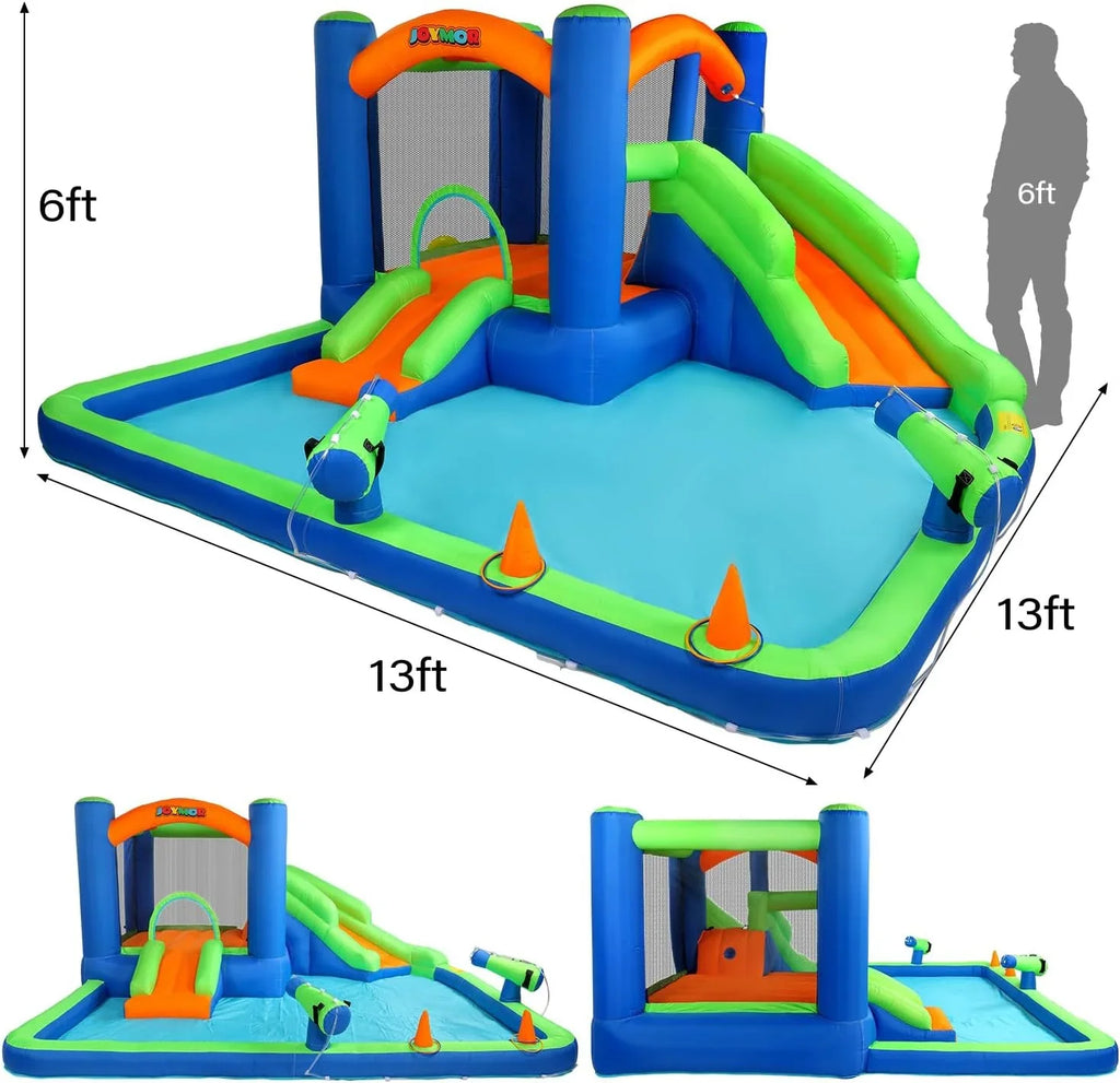 (2024 New) JOYMOR Inflatable moisture Slide Bounce House for Kid 3-6, Inflatable liquid Slide w/Basketball Hoop, aqua Cannon, Ring-Toss Game, Inflatable moisture Bounce House w/Slides, Air Blower