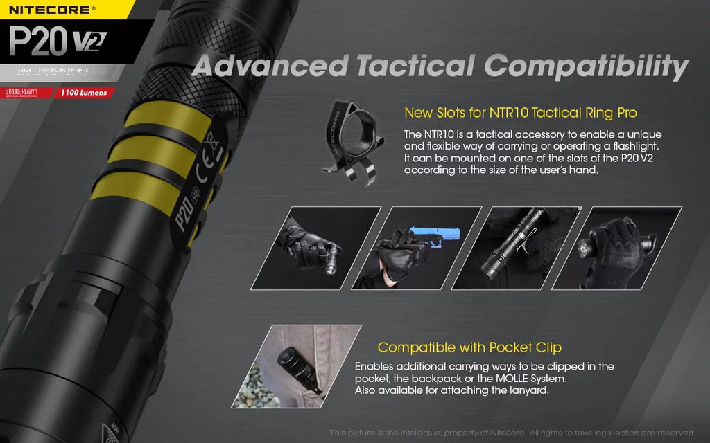 Combo: Nitecore P20 V2 Tactical LED Flashlight - CREE XP-L2 V6 - 1100 Lumens w/NL189 Battery, D2 Charger +2x Free Eco-Sensa CR123A Batteries