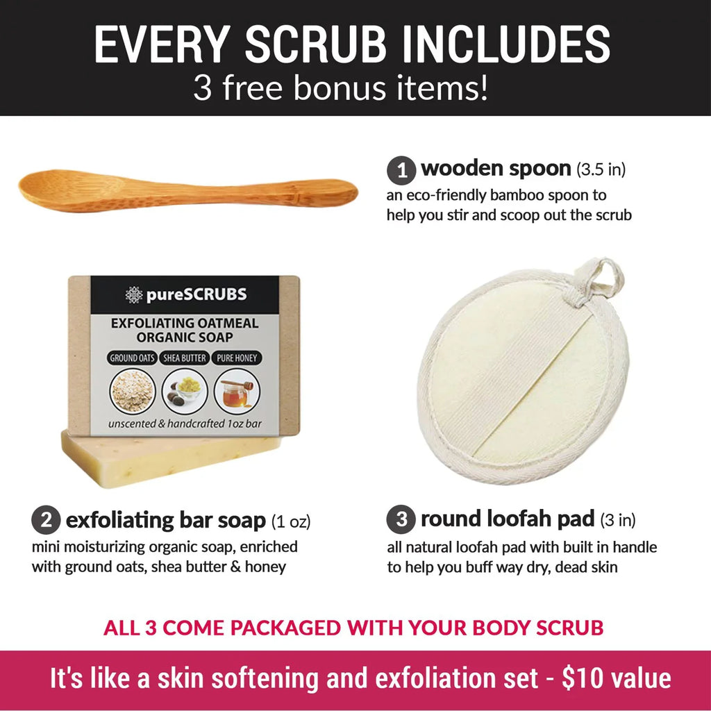 pureSCRUBS Premium Organic Body Scrub Set - Large 16oz SANDALWOOD BODY SCRUB - Pure Dead Sea Salt Infused Organic Essential Oils & Nutrients + FREE Wooden Spoon, Loofah & Mini Exfoliating Bar Soap