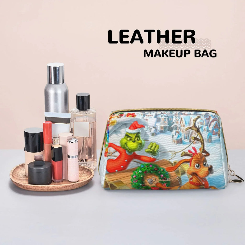 The Grinch Christmas Adventures Cosmetic Bag Makeup Organizer Leather Portable Pouch Gift Travel Toiletry Bag Storage Purse