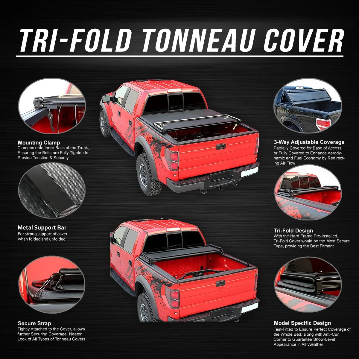 DNA Motoring TTC-TRISOFT-057 For 2014 to 2019  Tundra 6.5' Bed Fleetside Adjustable Tri -Fold Soft Top Trunk Tonneau protector 15 16 17 18