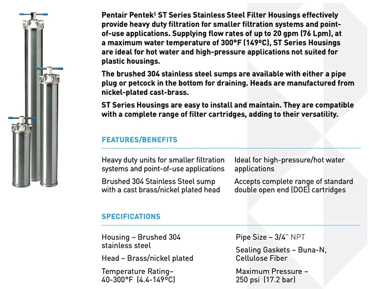 Pentek 156017-02 ST-1 34 Stainless Steel Filter Housing