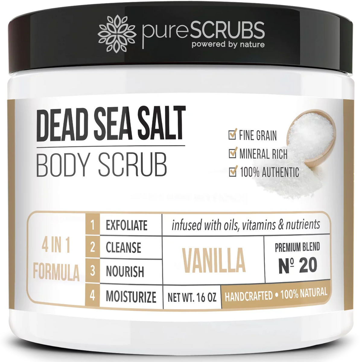 pureSCRUBS Premium Organic Body Scrub Set - Large 16oz VANILLA BODY SCRUB - Pure Dead Sea Salt Infused With Organic Essential Oils & Nutrients + FREE Wooden Spoon, Loofah & Mini Exfoliating Bar Soap
