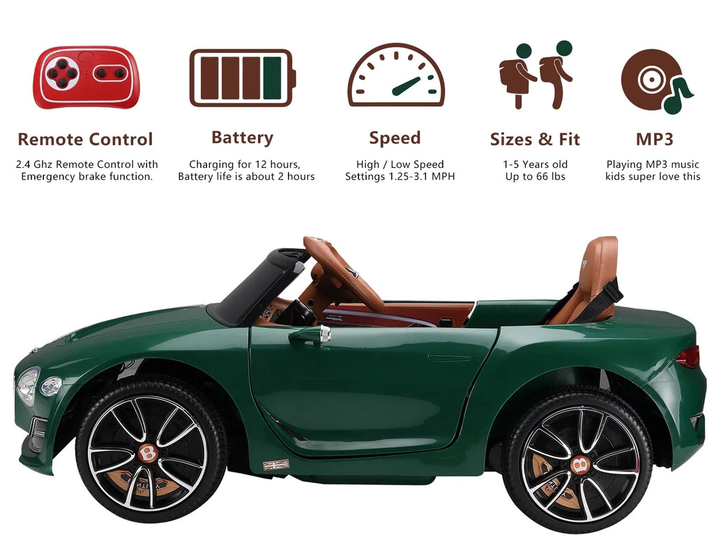 LISUEYNE Official Licensed Bentley Ride on Car, 12V Electric Car for Boys Girls Age 3+, Ride on Car with Remote Control, Music, Green