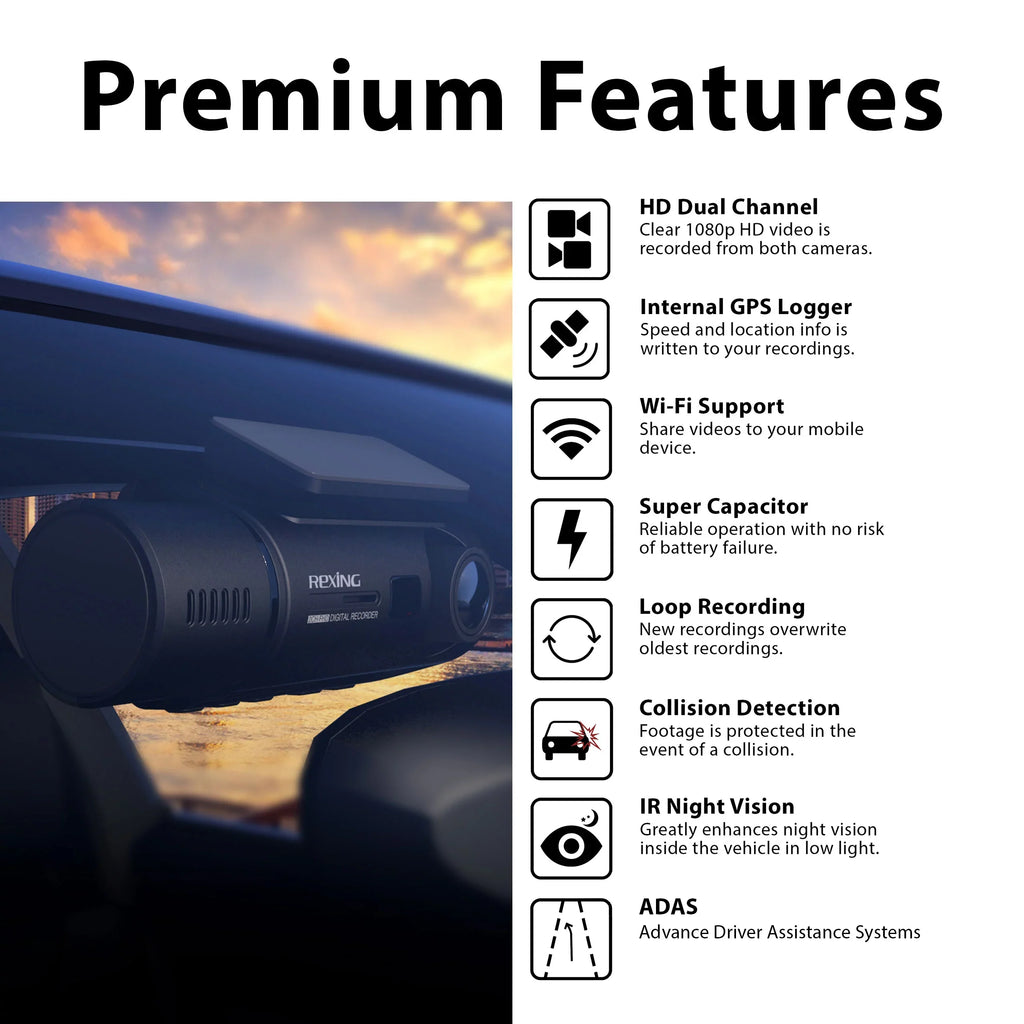 Rexing V3 1080P Front and Inside Cabin Dash Cam with Wi-Fi & GPS