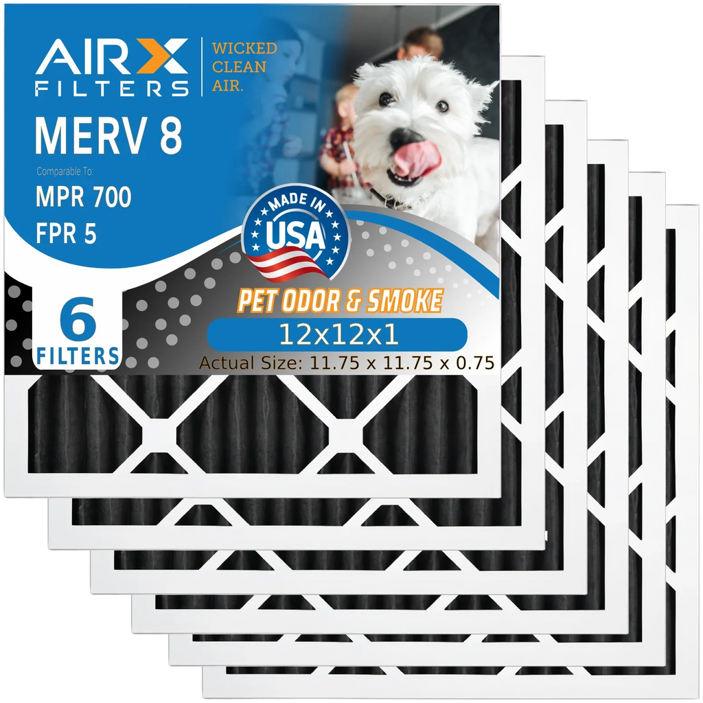 6 Pack. 12x12x1 Air Filter Odor Eliminator Carbon Filter MERV 8 Comparable to MPR 700 & FPR 5 AC HVAC Premium USA Made 12x12x1 Furnace Filters by AIRX FILTERS WICKED CLEAN AIR