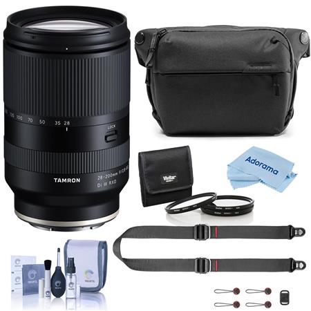 28-200mm f/2.8-5.6 Di III RXD Lens for  E, Bundle with ProOptic 67mm Filter Kit, Everyday Sling V2, SlideLITE Strap, Cleaning Kit, Cloth