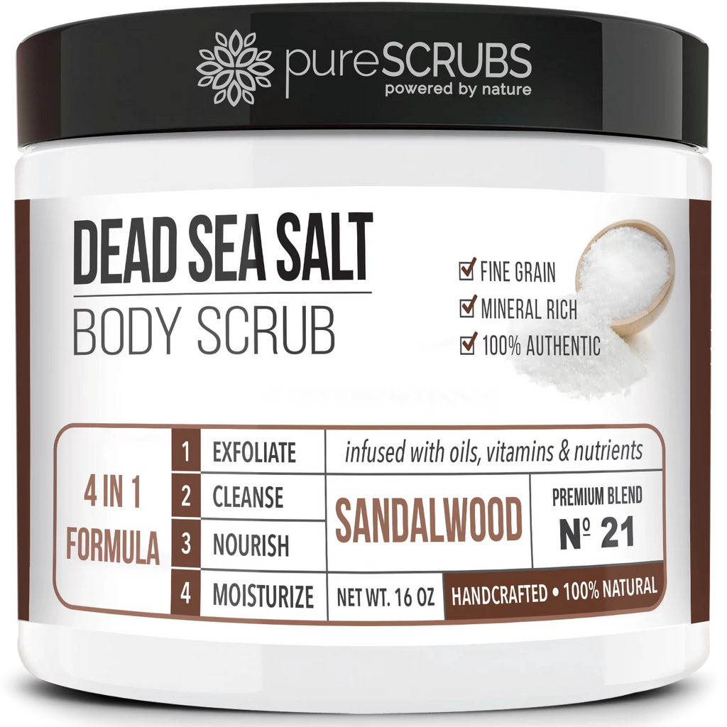 pureSCRUBS Premium Organic Body Scrub Set - Large 16oz SANDALWOOD BODY SCRUB - Pure Dead Sea Salt Infused Organic Essential Oils & Nutrients + FREE Wooden Spoon, Loofah & Mini Exfoliating Bar Soap