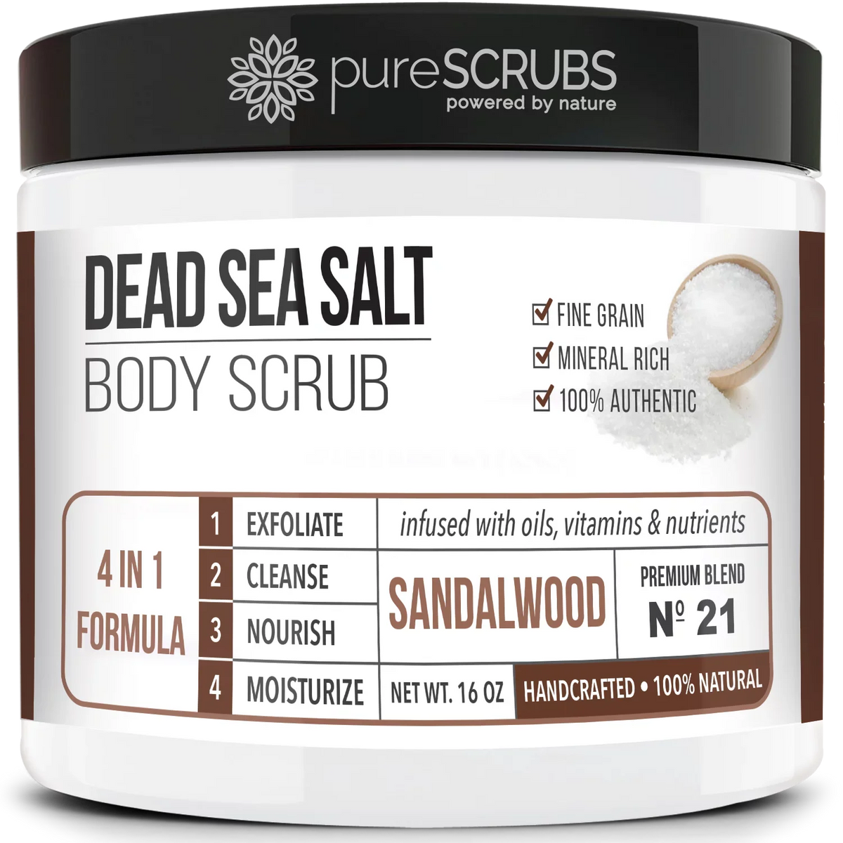 pureSCRUBS Premium Organic Body Scrub Set - Large 16oz SANDALWOOD BODY SCRUB - Pure Dead Sea Salt Infused Organic Essential Oils & Nutrients + FREE Wooden Spoon, Loofah & Mini Exfoliating Bar Soap