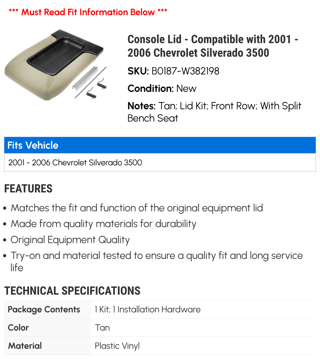 Console Lid - appropriate with 2001 - 2006 Chevy Silverado 3500 2002 2003 2004 2005