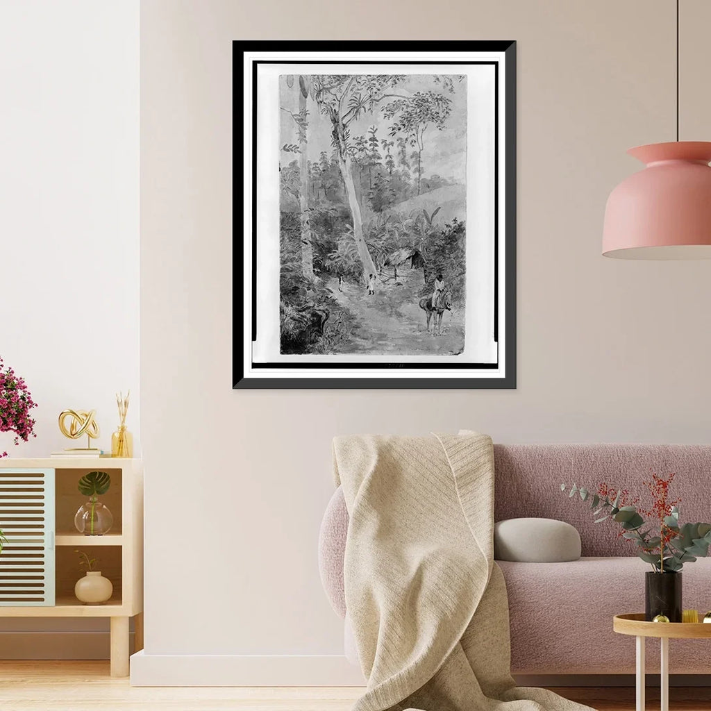 Historic Framed Print, Plantain Walk - Bookkeeper - Watchman and Hut - man with casks of liquid.greattoe in stirrup, 17-7/8" x 21-7/8"