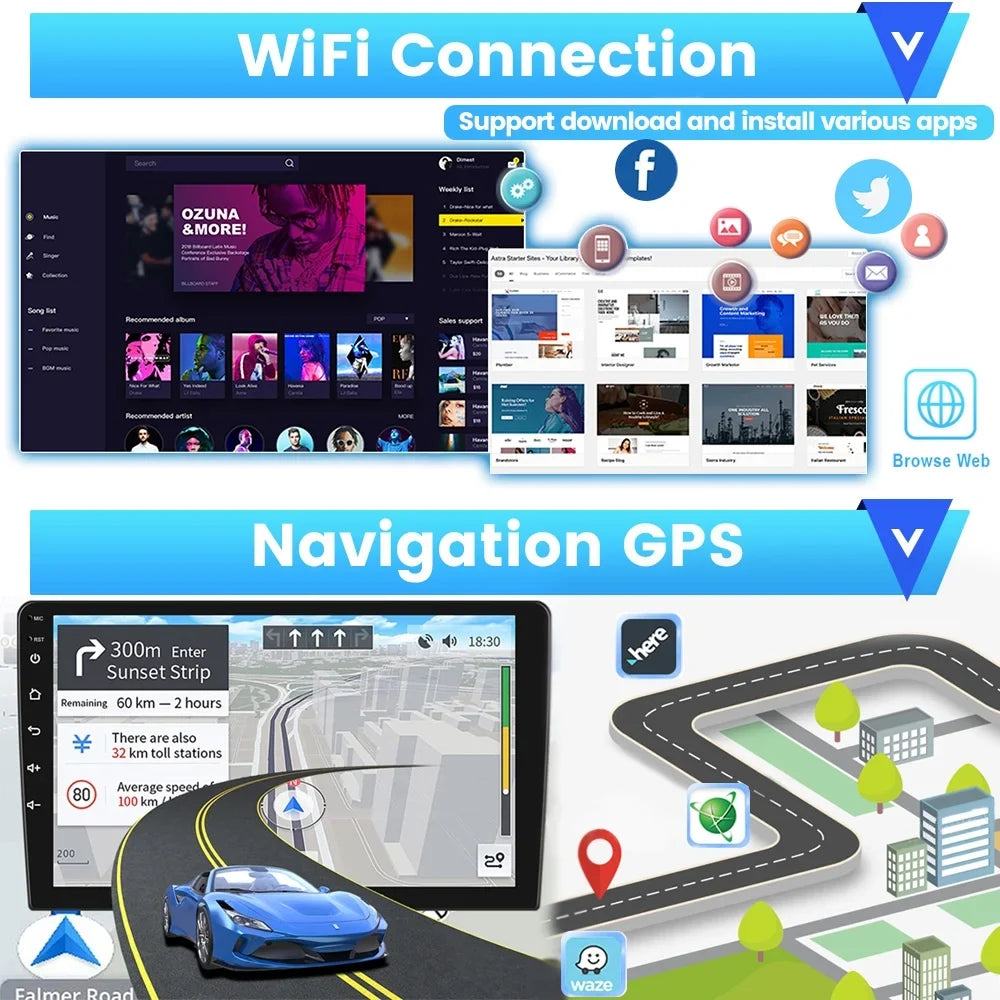 Podofo 1+16G Double DIN 9'' Touchscreen Car Stereo Radio Wireless Carplay Android Auto Mirror Link Android 12 HD 1080P WIFI GPS FM Bluetooth, AHD Backup Camera