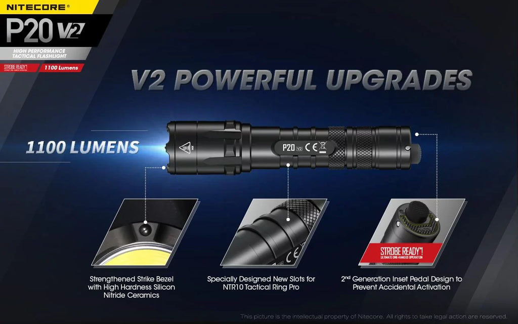 Combo: Nitecore P20 V2 Tactical LED Flashlight - CREE XP-L2 V6 - 1100 Lumens w/NL189 Battery, D2 Charger +2x Free Eco-Sensa CR123A Batteries