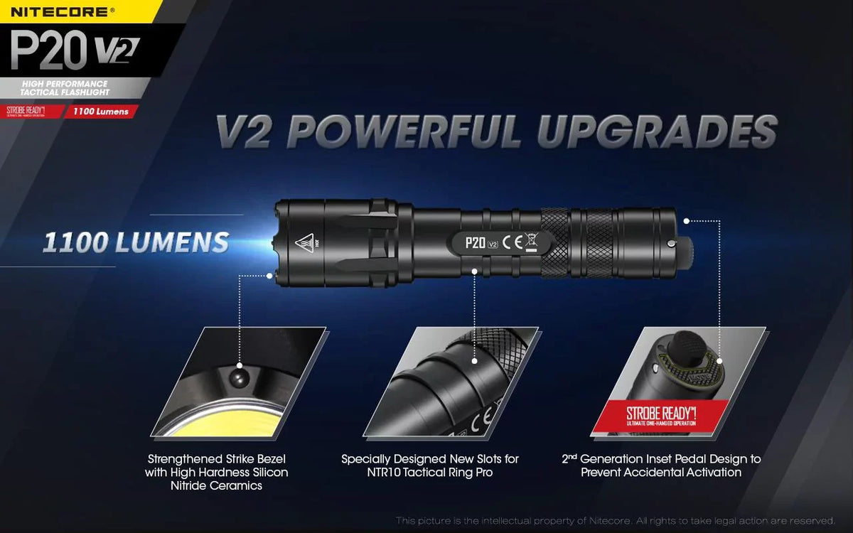 Combo: Nitecore P20 V2 Tactical LED Flashlight - CREE XP-L2 V6 - 1100 Lumens w/NL189 Battery, D2 Charger +2x Free Eco-Sensa CR123A Batteries