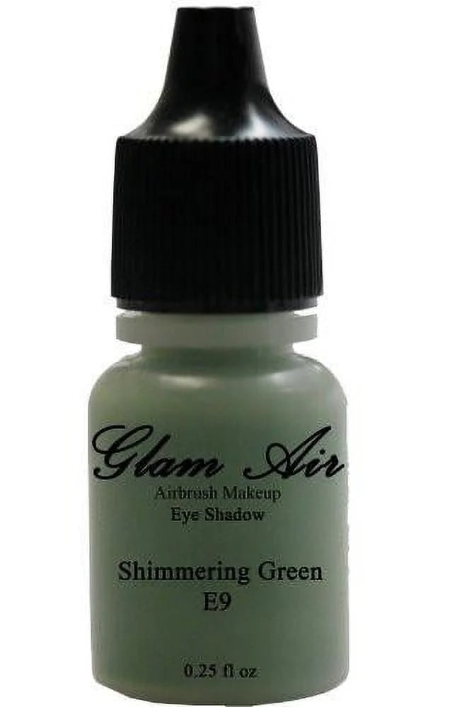 Bottles of Eyeshadow Shimmery Green, Copper Cocoa, Fair Gold. Oz. Glam Air Set of Three (3) s-E1 Fair Gold E4Copper Cocoa, &amp; E9shimmery Green,  Airbrush moisture-based 0.25 Fl